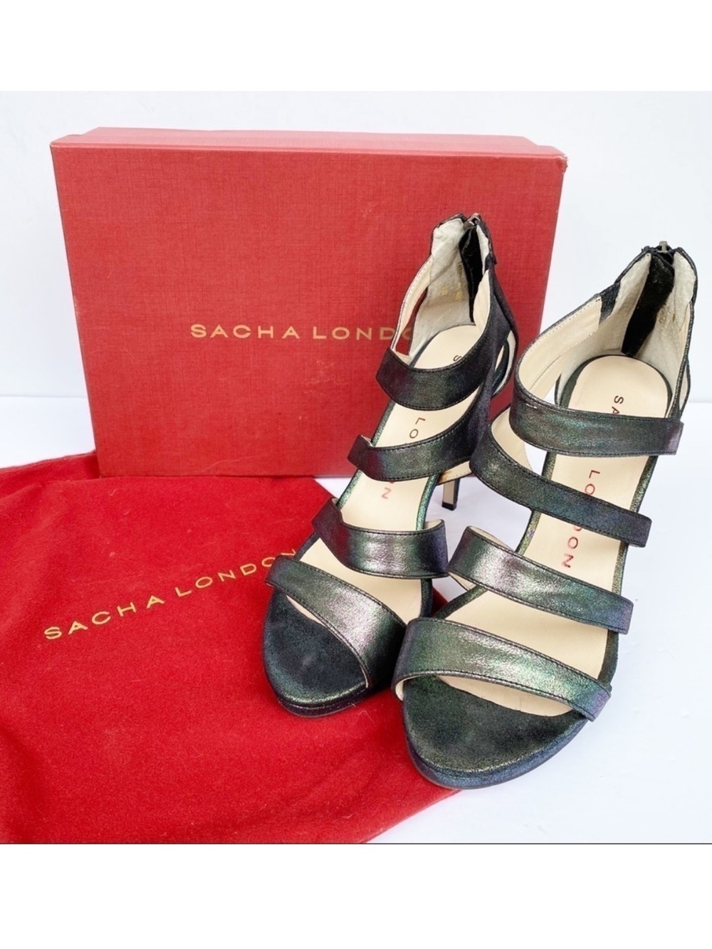Sasha London Rebi Black Albeniz Iridescent Metallic Sandals Heels Size 10